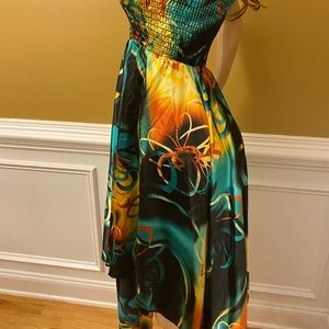 Vibrant Teal Green & Yellow Satin Dress.